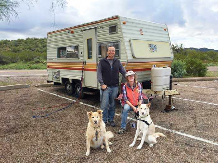 Tony, 06, and Kristin, 05, Schillaci with their trailer and dogs